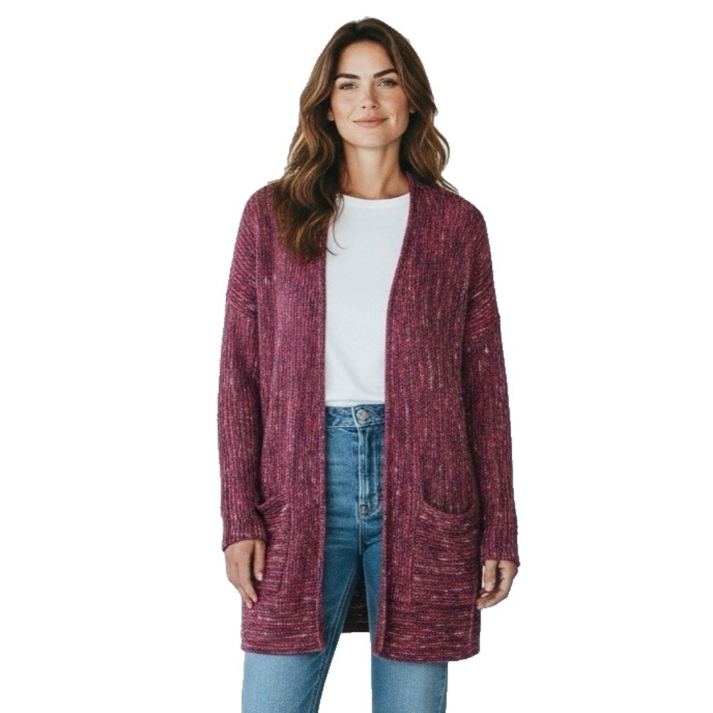 Women's XL Open Cardigan Sweater Longline Pockets Berry Multicolor EUC